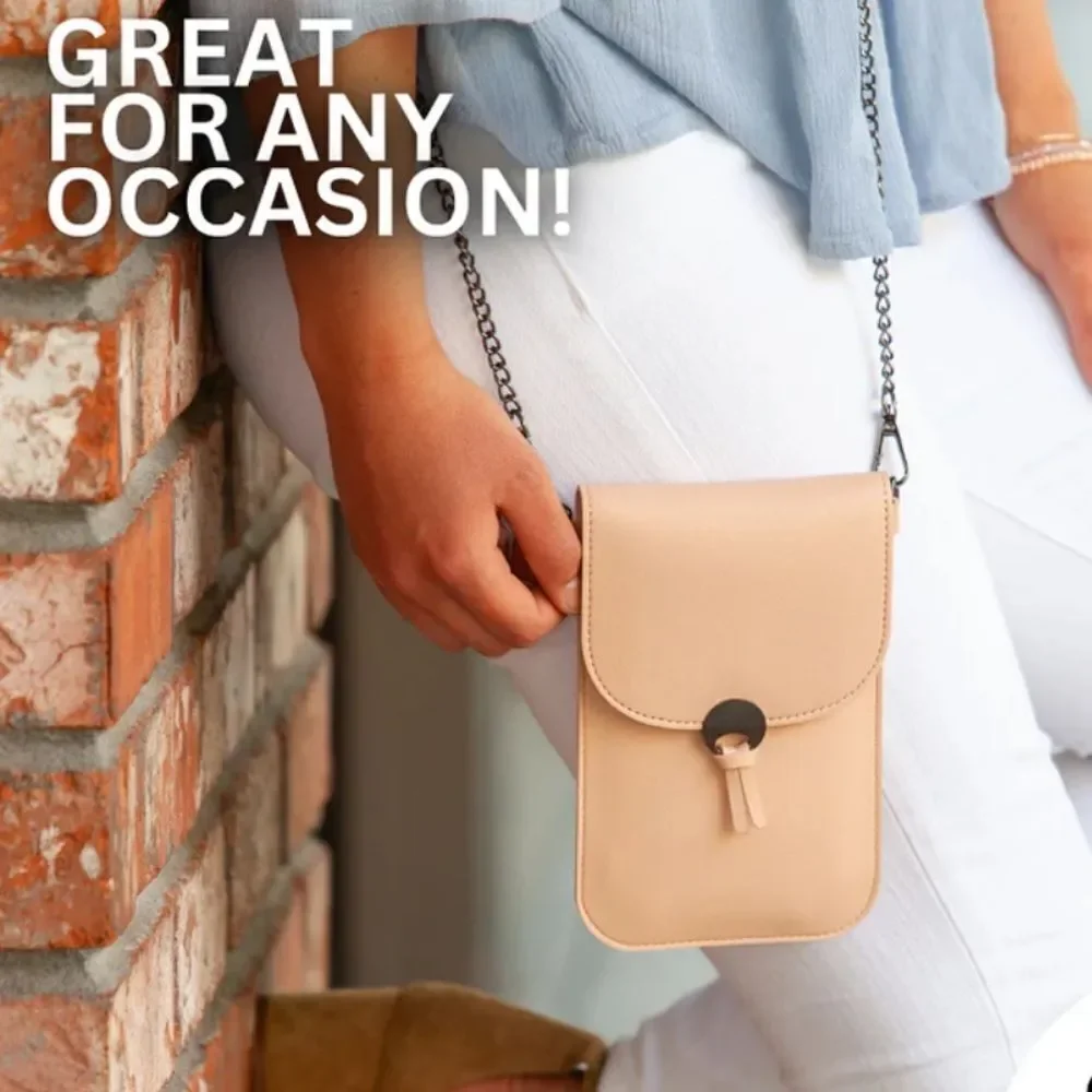 Lori Greiner in cream Save The Girls Crossbody Cell Touch Access Phone Bag NWOT